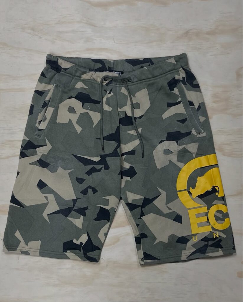 Camouflage graphic shorts displayed at Kensington Flea Market Toronto