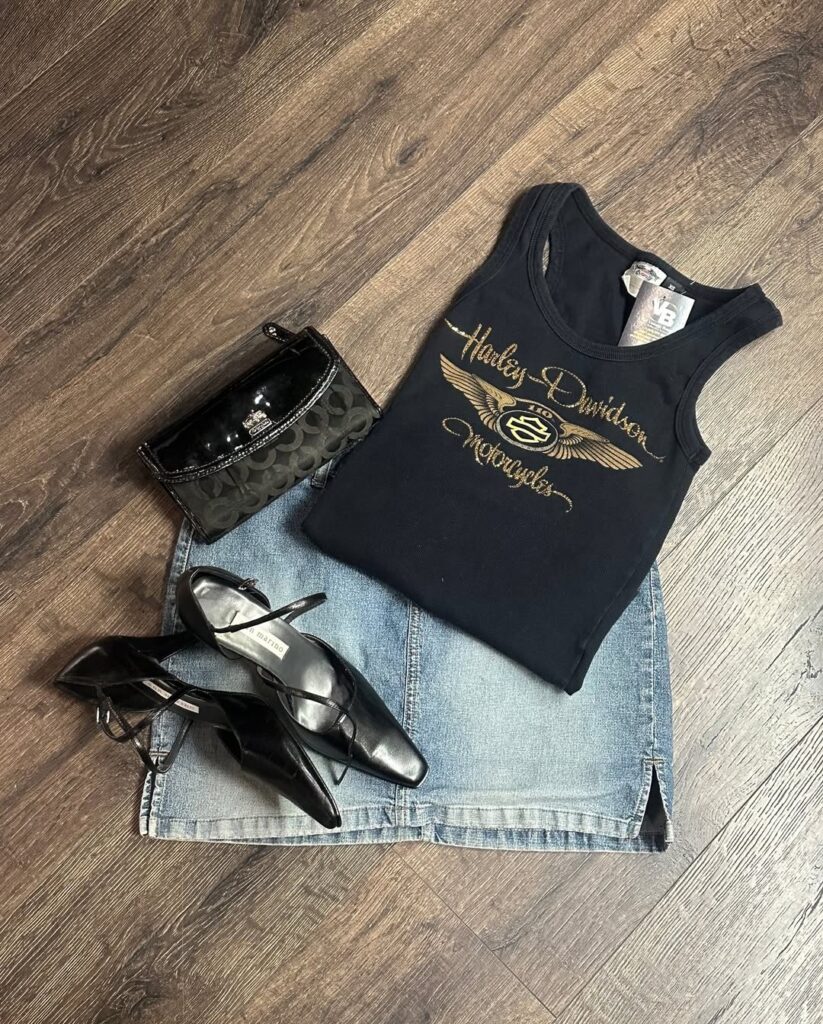 Harley-Davidson tank, Coach purse, black strappy heels