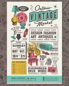 Ontario Vintage Market 2025 event schedule poster from May to October at Evergreen B