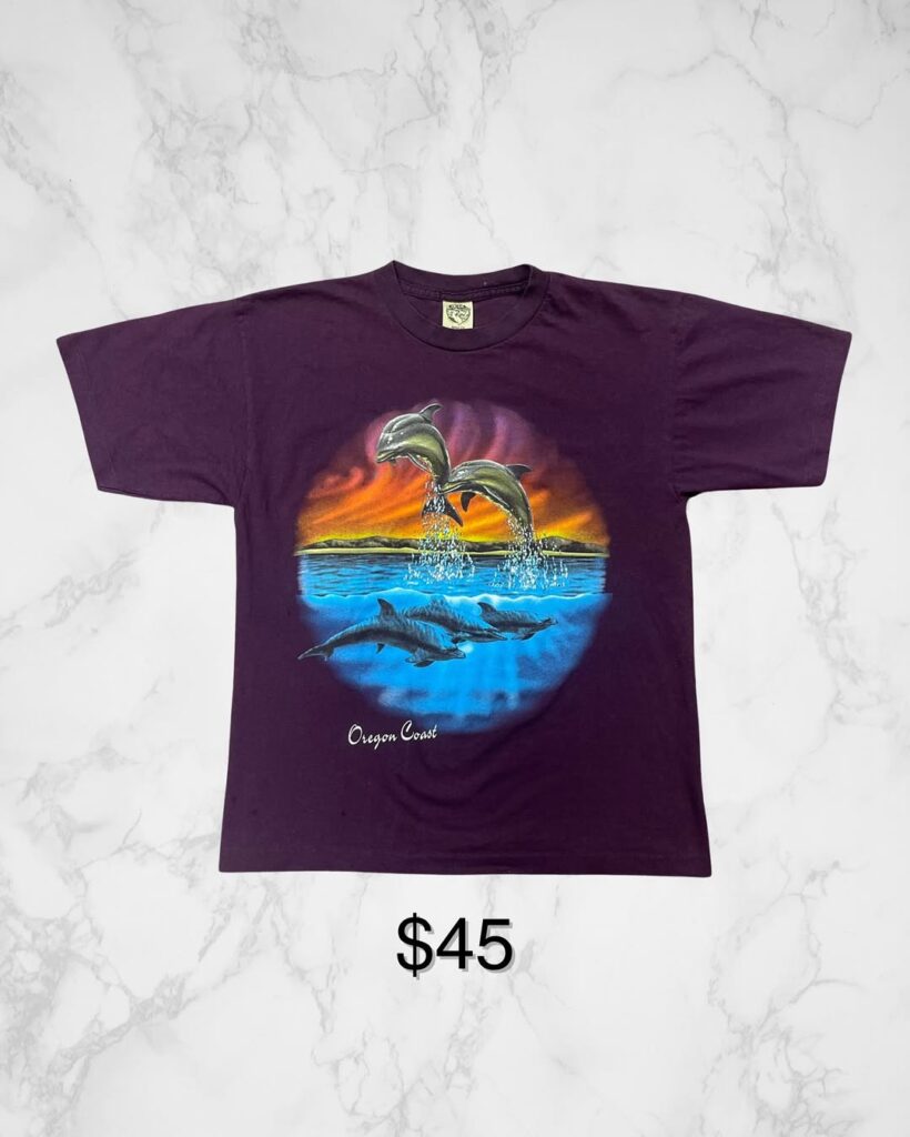 Purple dolphin Oregon Coast graphic tee – $45