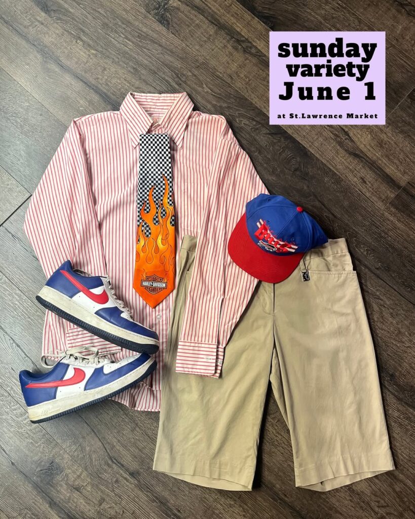 Harley Davidson flame tie paired with striped shirt and khaki shorts for Sunday Variety Market Toronto