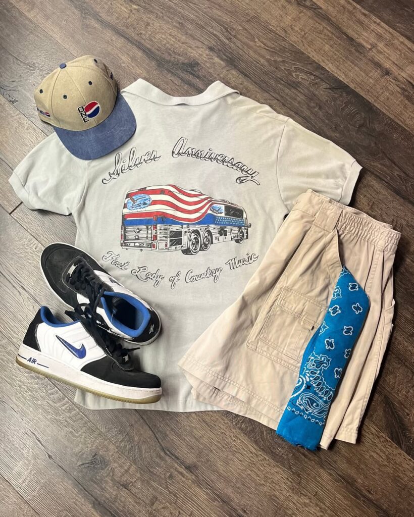 Vintage Silver Anniversary tour shirt outfit with Pepsi hat and Nike Air sneakers at Sunday Variety Market Toronto