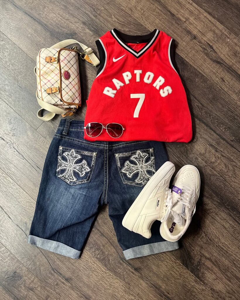 Red Raptors #7 jersey with dark denim shorts, plaid purse and white sneakers at Sunday Variety Market Toronto