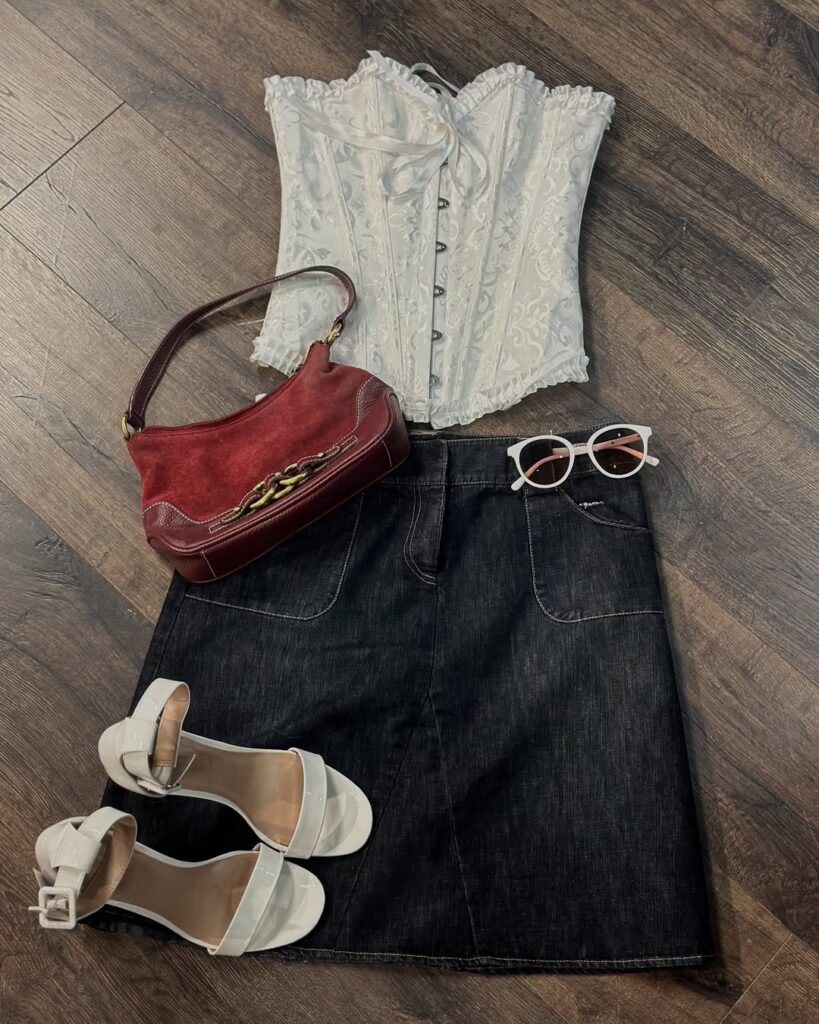 	Denim skirt and lace corset flatlay with white sandals, red suede shoulder bag and round sunglasses