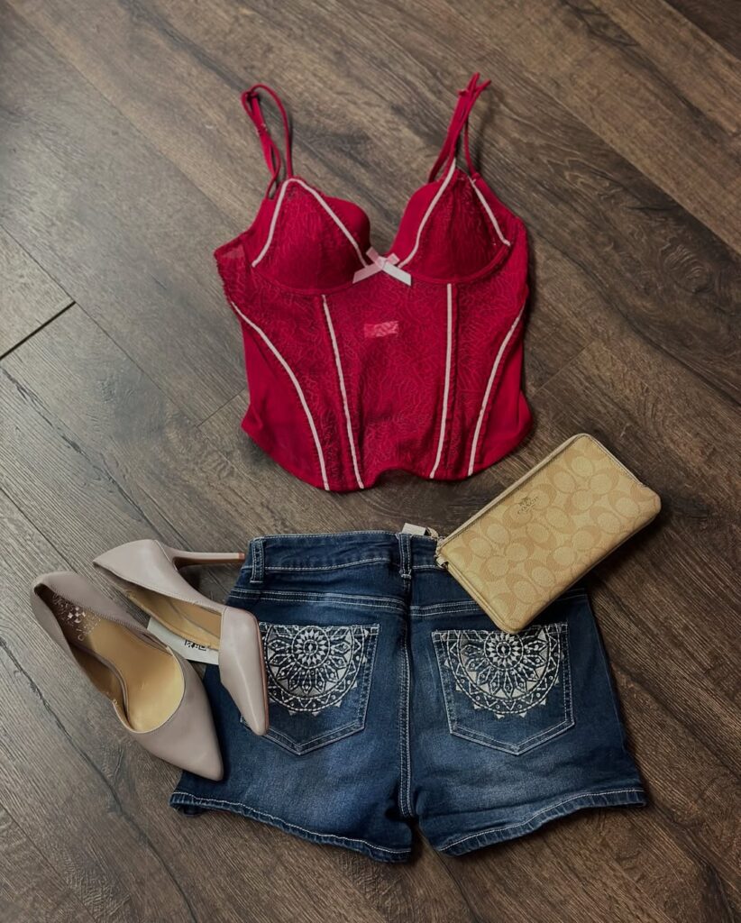 Y2K red corset with embroidered denim shorts, Coach clutch and heels by The Vintage Bazar at Toronto Night Market
