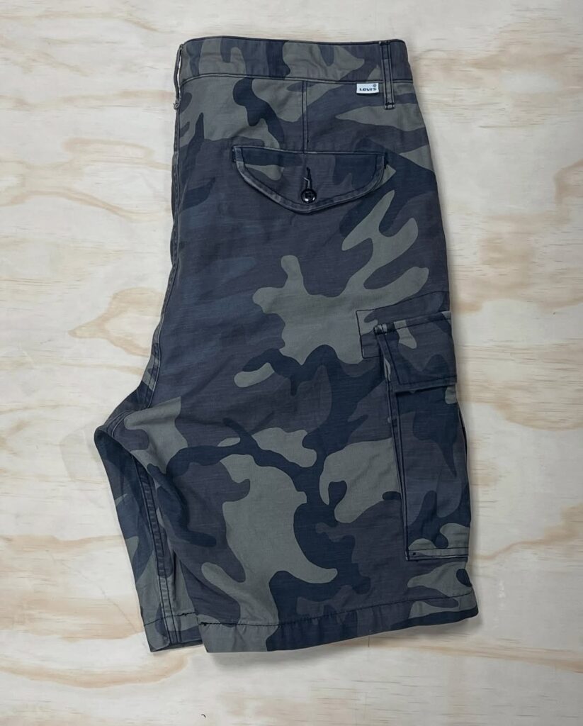 Camo print cargo shorts featured at The Vintage Bazar booth in Ontario Vintage Market