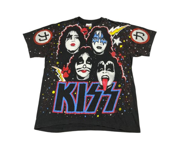 90s KISS Faces T-Shirt Single Stitch Men's L All Over Print Band Tee