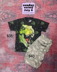 Jurassic Park Green Dino Tee and sunday variety july 6 logo
