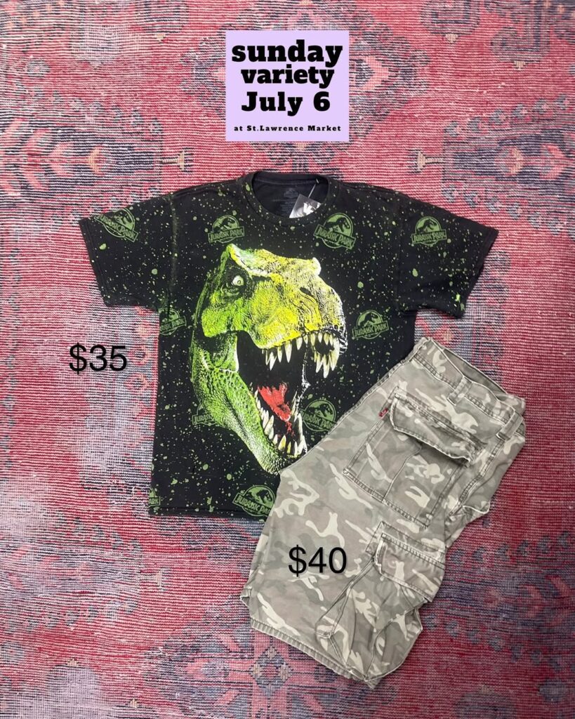 Jurassic Park Green Dino Tee and sunday variety july 6 logo