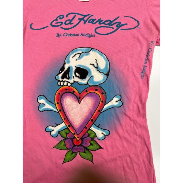 Ed Hardy by Christian Audigier T-Shirt Size S - Skull with Pink Heart & Flower - Image 4