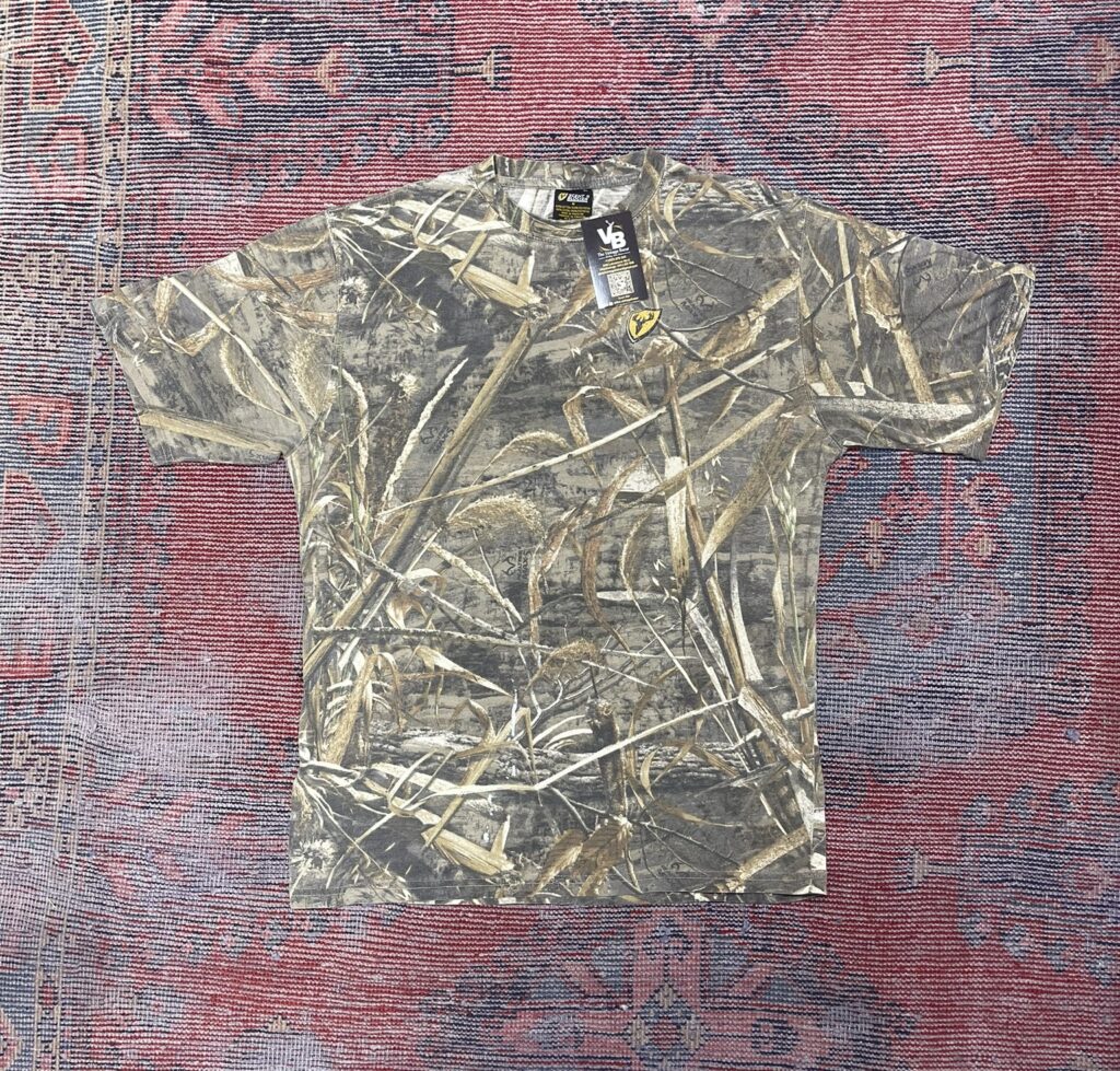Real tree hunting camo graphic tee with soft faded texture