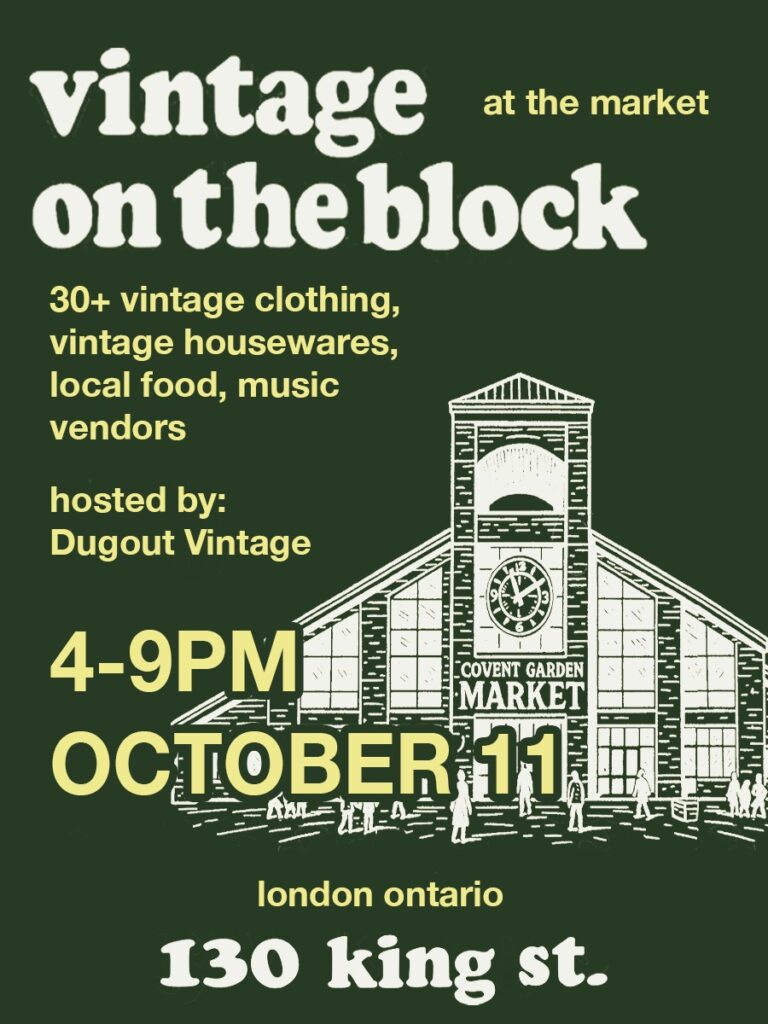 Vintage on the block flyer, details of the event, green and White in color