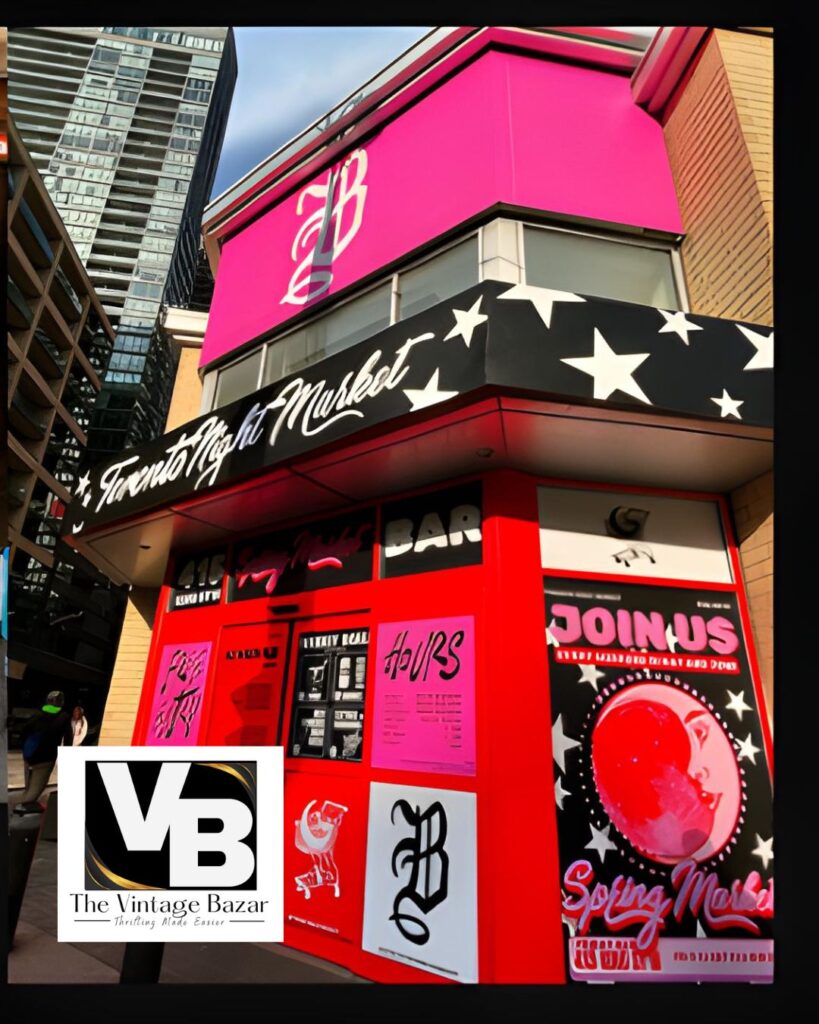 Toronto night market building with logo of vintage bazar