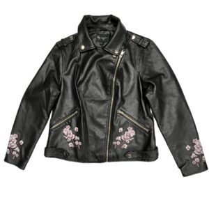 Lily Morgan Women’s Moto Jacket L Faux Leather Pink Floral Design Zip Pockets