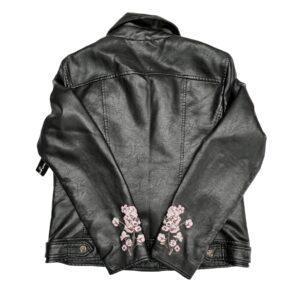 Lily Morgan Women’s Moto Jacket L Faux Leather Pink Floral Design Zip Pockets