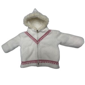 Vintage Nordic White Wool-Style Hooded Jacket with Red & White Embroidered Trim
