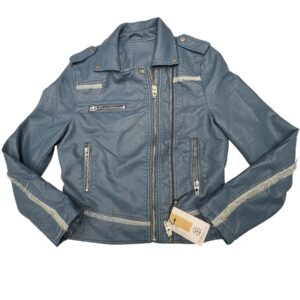 Y2K Style Light Blue Cropped Moto Jacket Women Faux Leather Biker Coat NWT