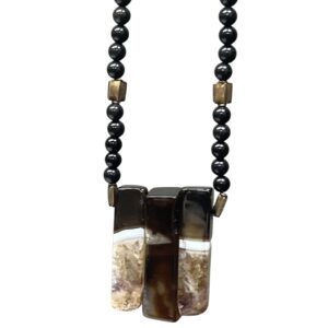Vintage Tiger’s Eye Triple Rectangle Pendant Onyx Bead Necklace Statement
