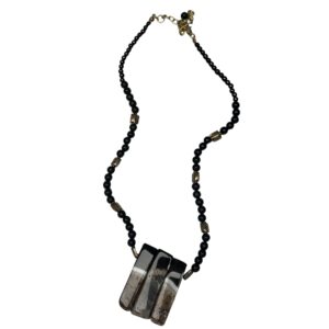 Vintage Tiger’s Eye Triple Rectangle Pendant Onyx Bead Necklace Statement