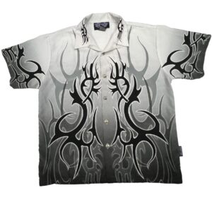 VTG Y2K Silver Point Tribal AOP Button Up Shirt Black Graphic Fade White Graphic
