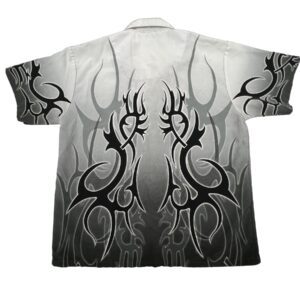 VTG Y2K Silver Point Tribal AOP Button Up Shirt Black Graphic Fade White Graphic