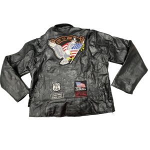 VTG Diamond Plate Patchwork Buffalo Leather Biker Jacket 2X Live To Ride Patches