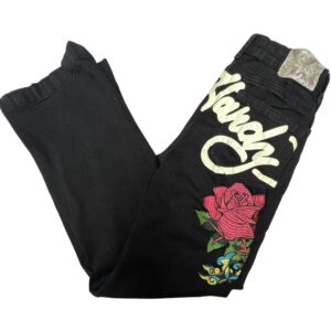 Ed Hardy Black Denim Wide Leg Jeans Women's 28 Skull Rose Embroidered