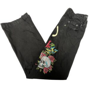 Ed Hardy Black Denim Wide Leg Jeans Women's 28 Skull Rose Embroidered