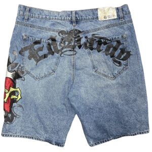 Ed Hardy Embroidered Denim Jorts 34 Baggy Blue Tattoo Snake Cross Y2K Style