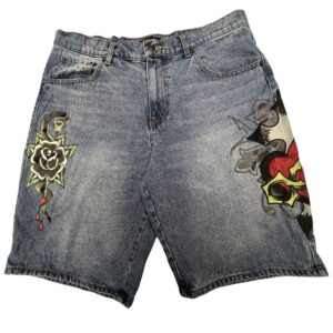 Ed Hardy Embroidered Denim Jorts 34 Baggy Blue Tattoo Snake Cross Y2K Style
