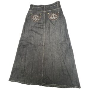 00s Vintage Y2K Black Denim Maxi Skirt Size 28 Embroidered Pocket StyleJ