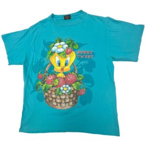 90s Vintage Tweety Bird Berry Tweet T Shirt L Teal Changes USA Made Looney Tunes 1998