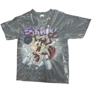 Vintage 2002 Taz Tasmanian Devil Bowling T Shirt M Gray Tie Dye Looney Tunes Y2K