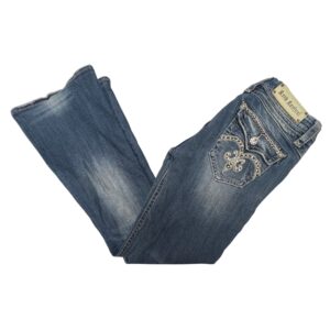 Rock Revival Sasha Women’s Flare Jeans Blue Denim Bling Buckle Thick Stitch Y2K