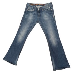 Rock Revival Sasha Women’s Flare Jeans Blue Denim Bling Buckle Thick Stitch Y2K