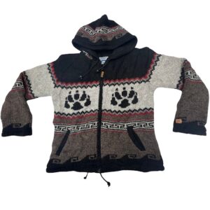Vintage Ark Imports Bear Paw Wool Hooded Cardigan Jacket M Fleece Lined Nepal