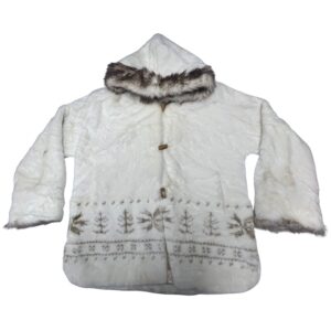 VTG Coldwater Creek Faux Fur Hooded Coat 2X White Nordic Fair Isle Plaid Plush