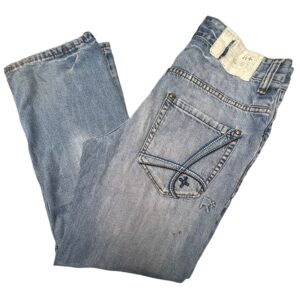 VTG Rocawear Y2K Baggy Jeans Men's 34 Blue Denim Distressed Embroidered Hip Hop