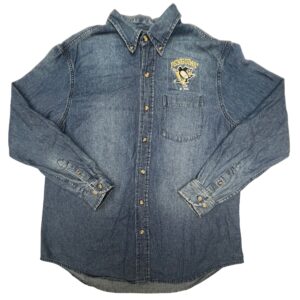 VTG Pittsburgh Penguins NHL Denim Shirt Mens L Hockey Button Up