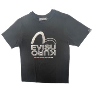 Authentic EVISU KURO Selenophile T-Shirt M Black Graphic Plastisol 3D Logo Y2K