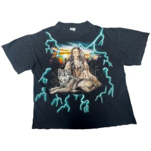 90s Vintage Sunrise Sportswear Native American Woman Wolf Lightning Tee XL AOP